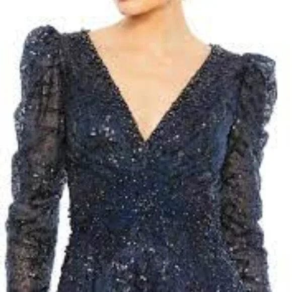 Mac Duggal midnight blue black lace beaded ball gown dress size 12 - Picture 2 of 7